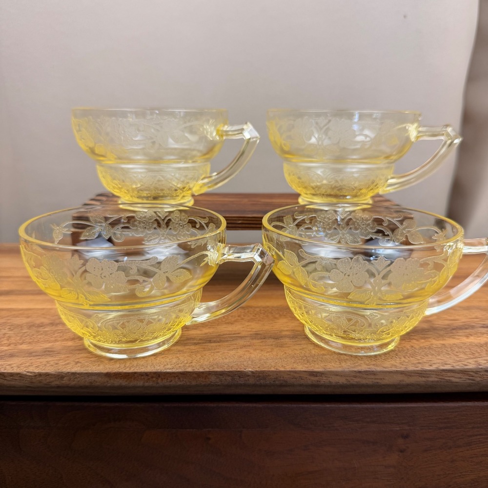 Indiana Glass Vernon Vintage Yellow Depression Glass Tea Cups Set of 4 Floral
